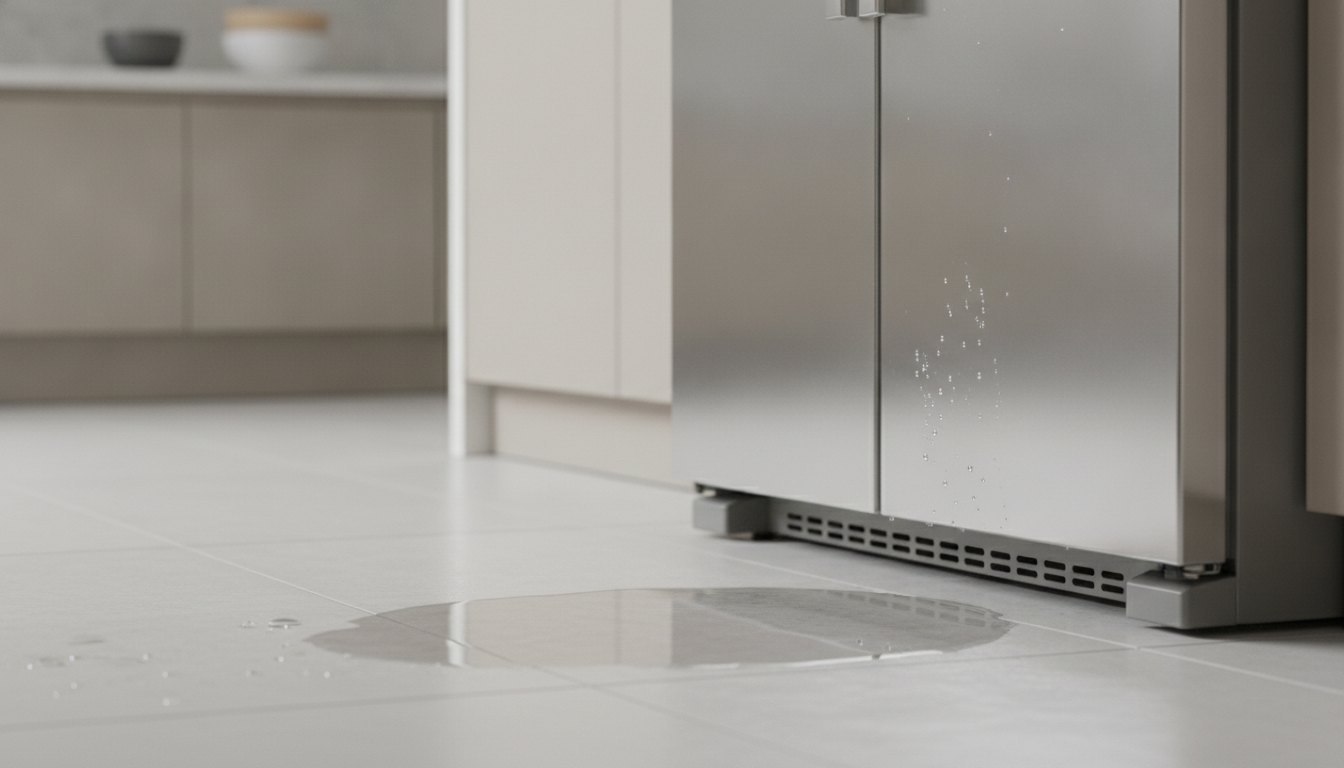 Poça de água no piso da cozinha próximo à parte inferior de um refrigerador.