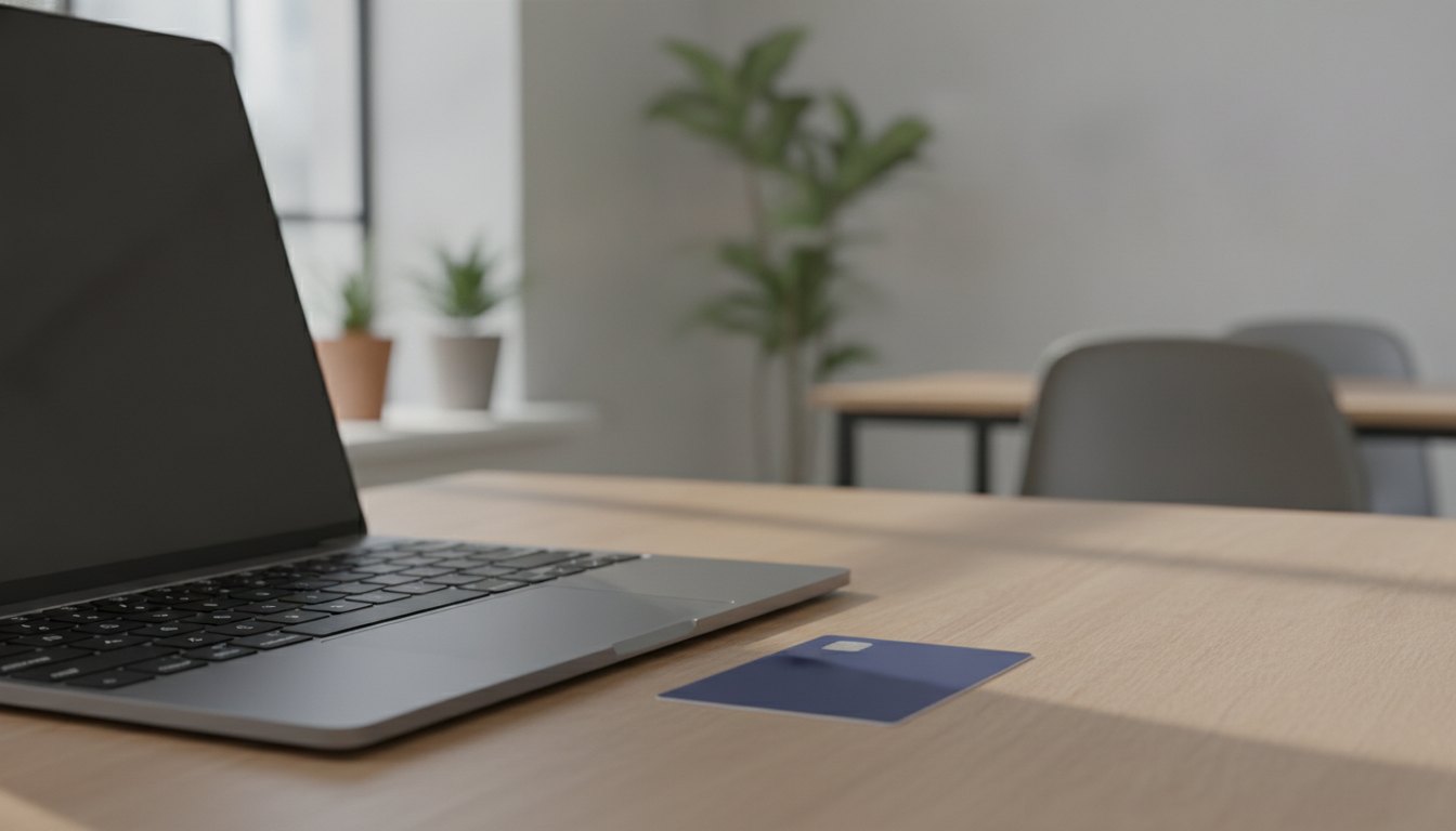 Mãos digitando em um teclado de notebook escuro com um cartão de crédito ao lado