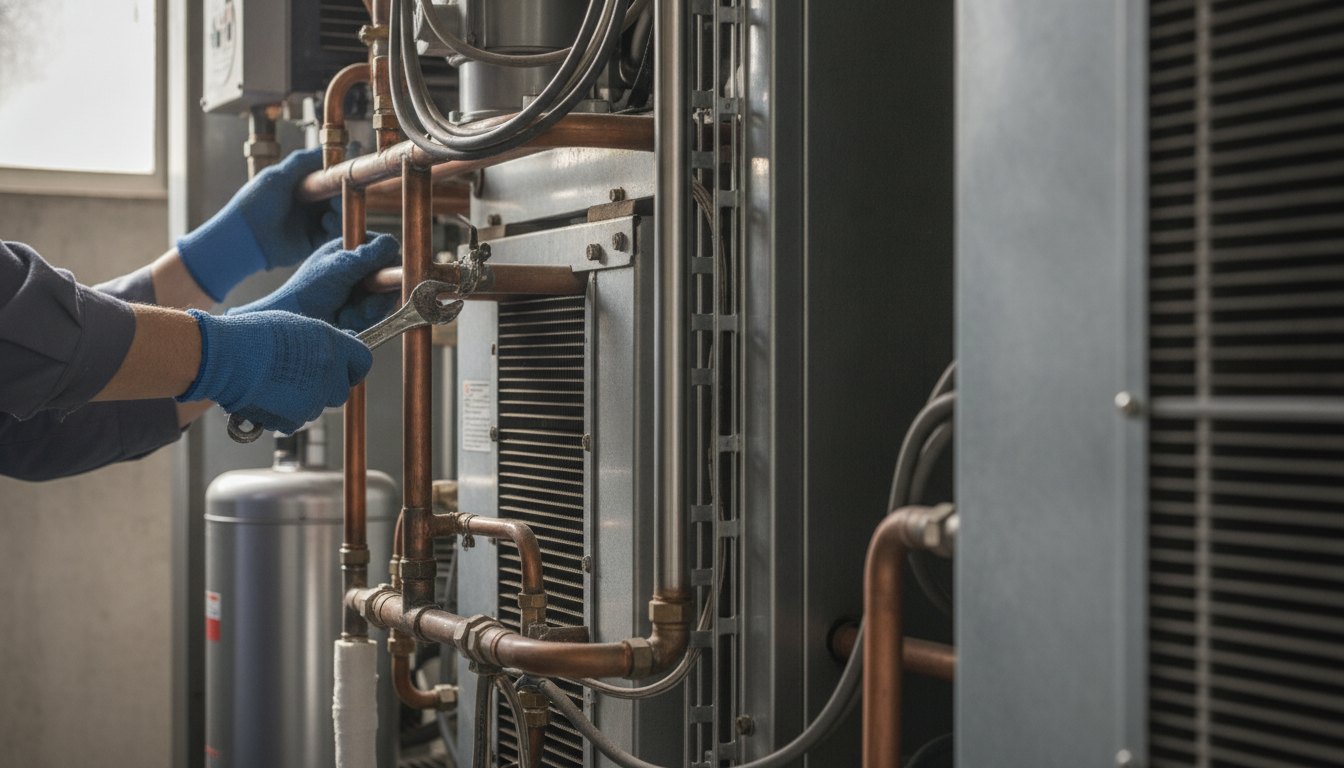 Técnico com luvas inspecionando a tubulação traseira de um equipamento de refrigeração.